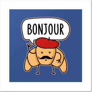 Bonjour Kawaii Croissant with a Mustache and Beret Hat Posters and Art